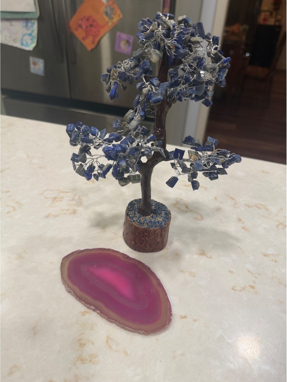 Blue gemstone tree & large pink agate crystal slice gift bundle